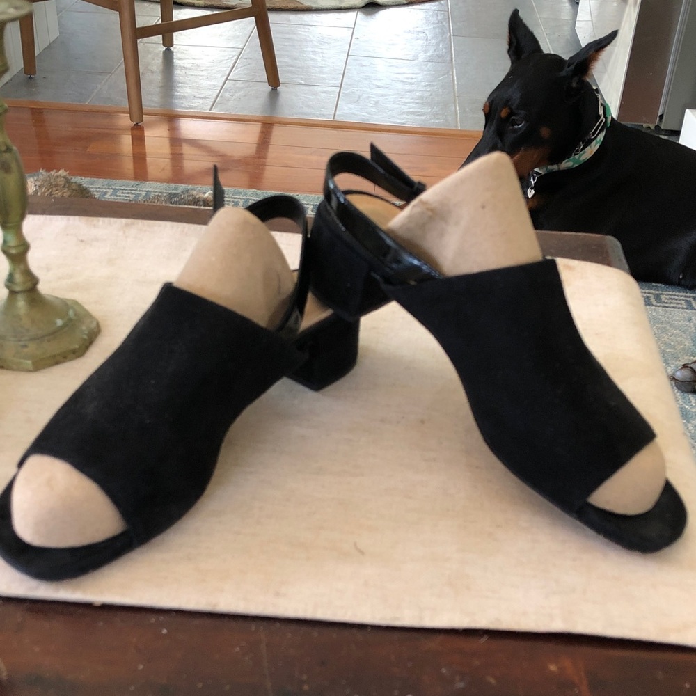 Clarks Black Suede Open-Toe Slingback Block Heel